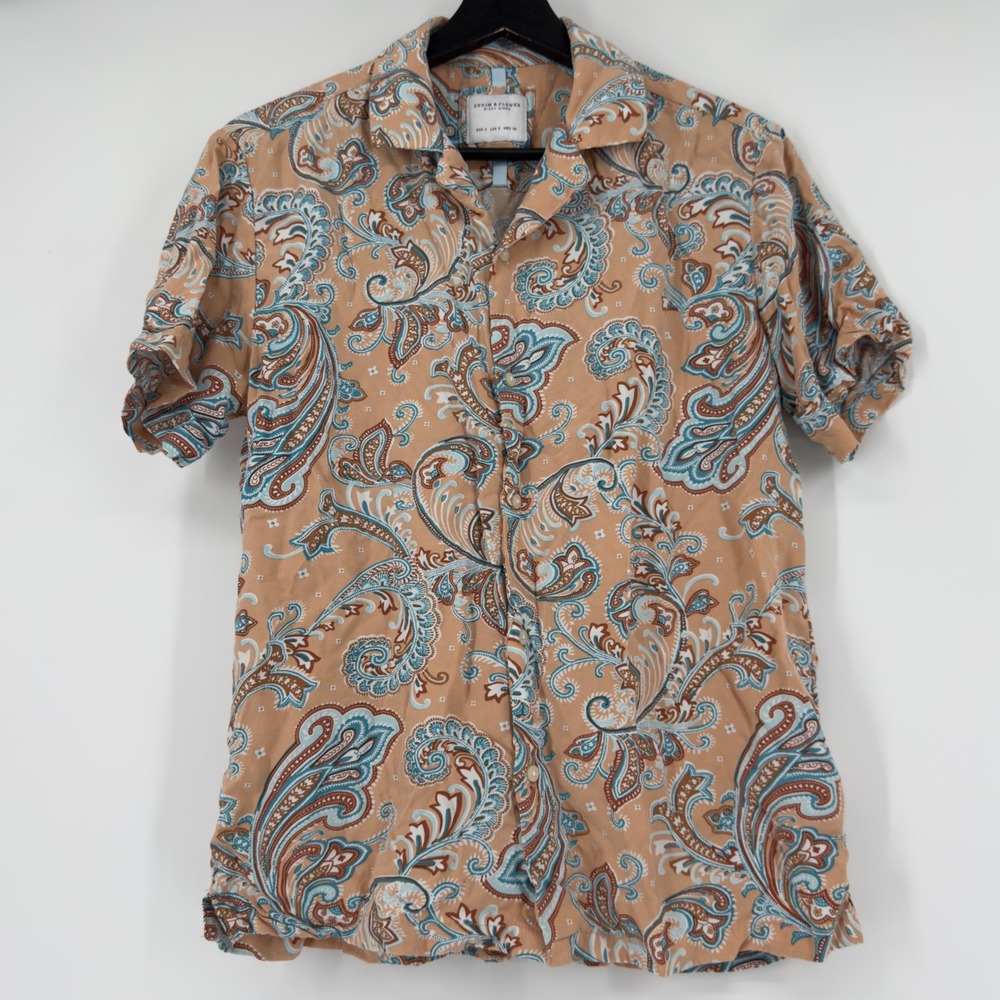 Denim & Flower Ricky Singh Mens Small Paisley Viscose Camp Shirt Tan Blue